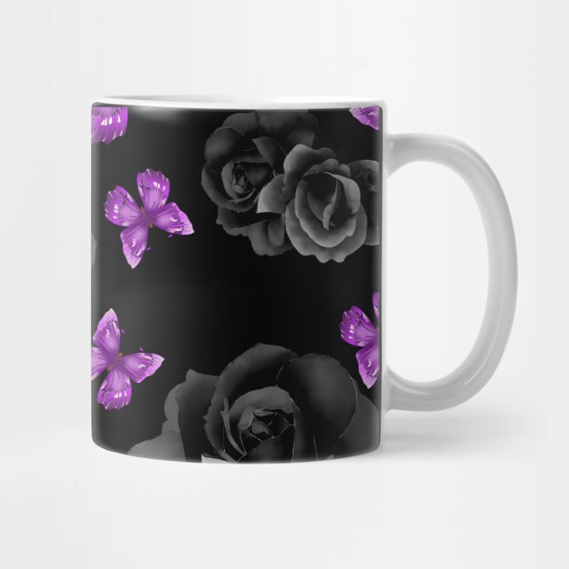 Purple Butterflies and Black Roses w/ Black Background by FloralButterflyDreams